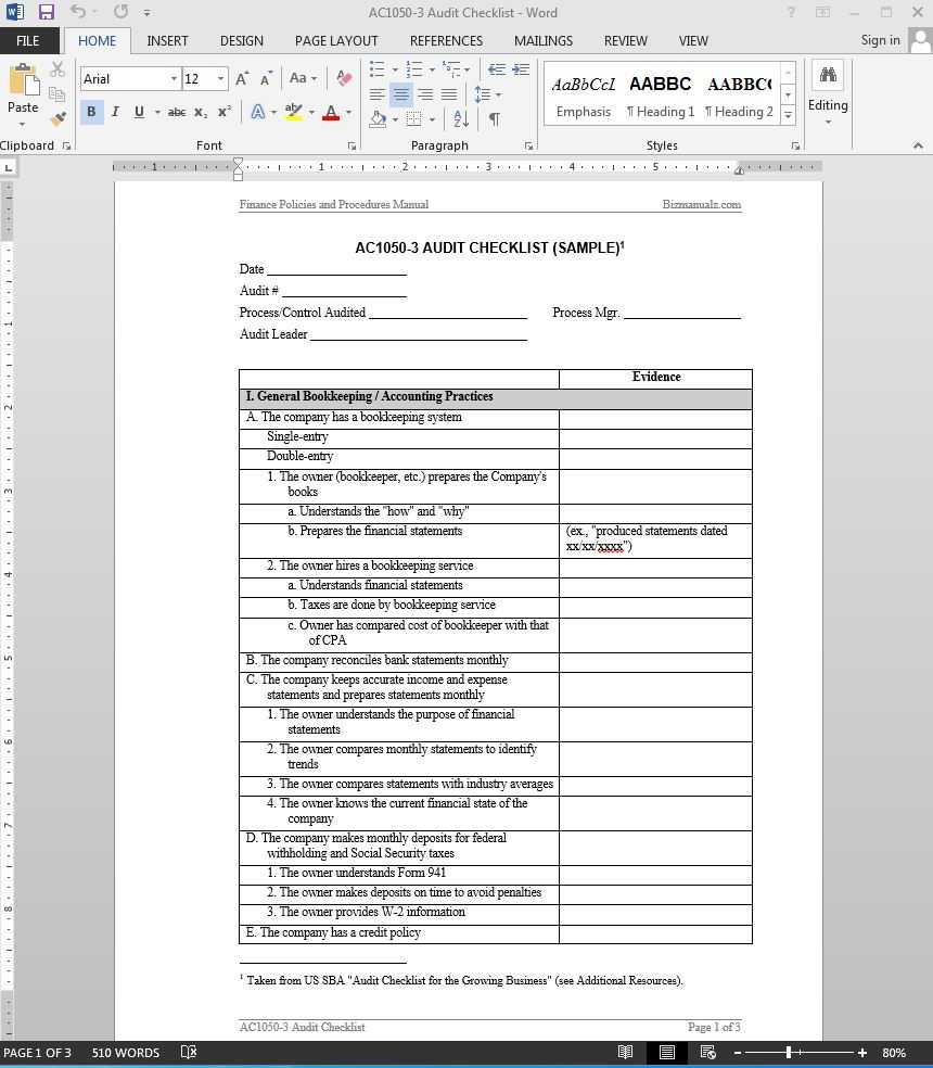 Financial Audit Checklist Template | Ac1050 3 In Sample Hr Audit Report Template