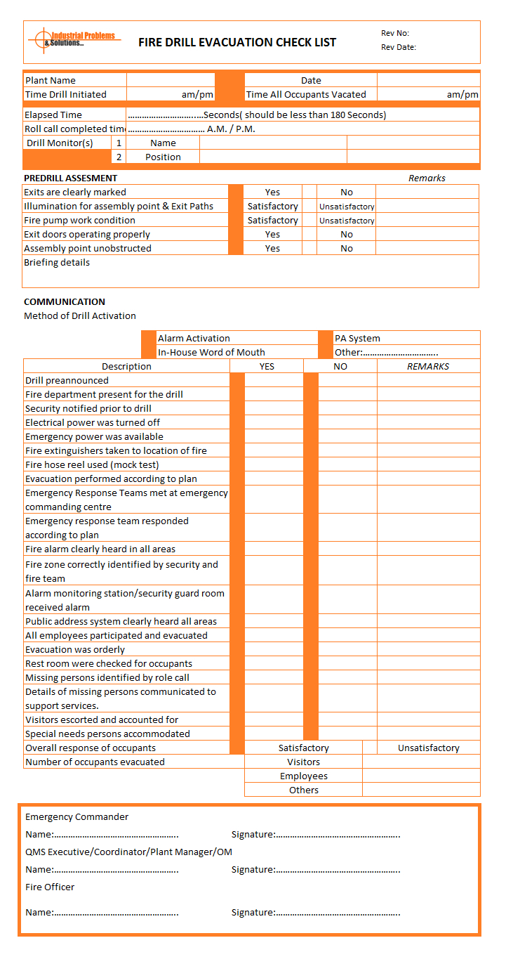 Fire Drill Evacuation Checklist Format With Regard To Fire Evacuation Drill Report Template