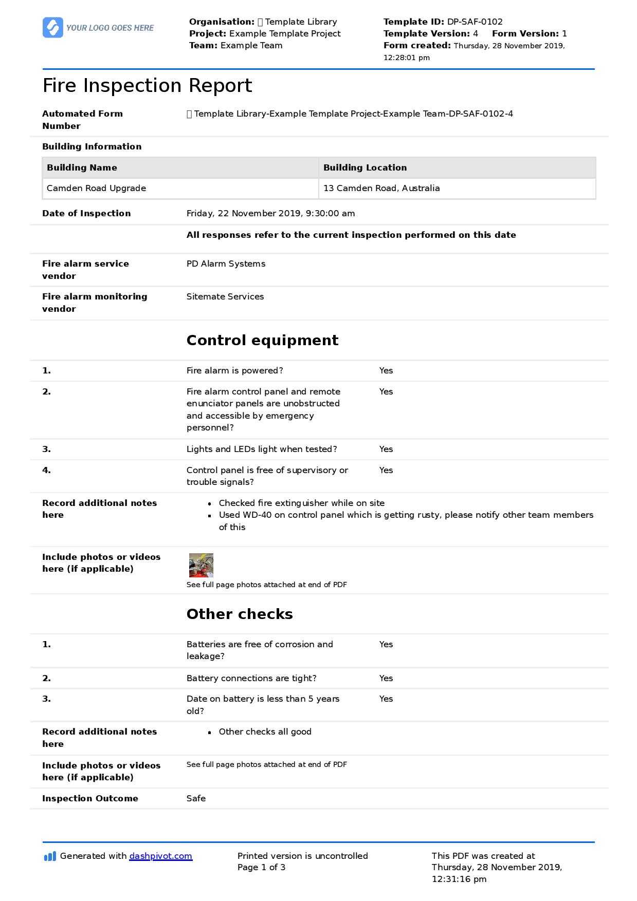Fire Inspection Report Template (Free And Editable Form Inside Part Inspection Report Template