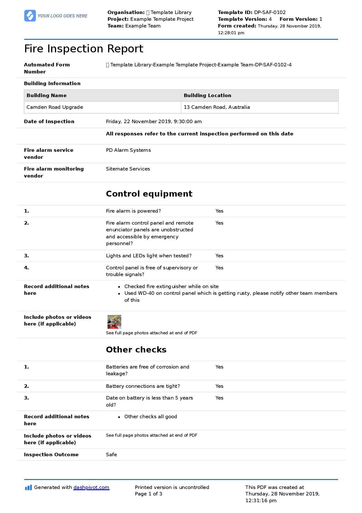 Fire Inspection Report Template (Free And Editable Form Regarding Building Defect Report Template