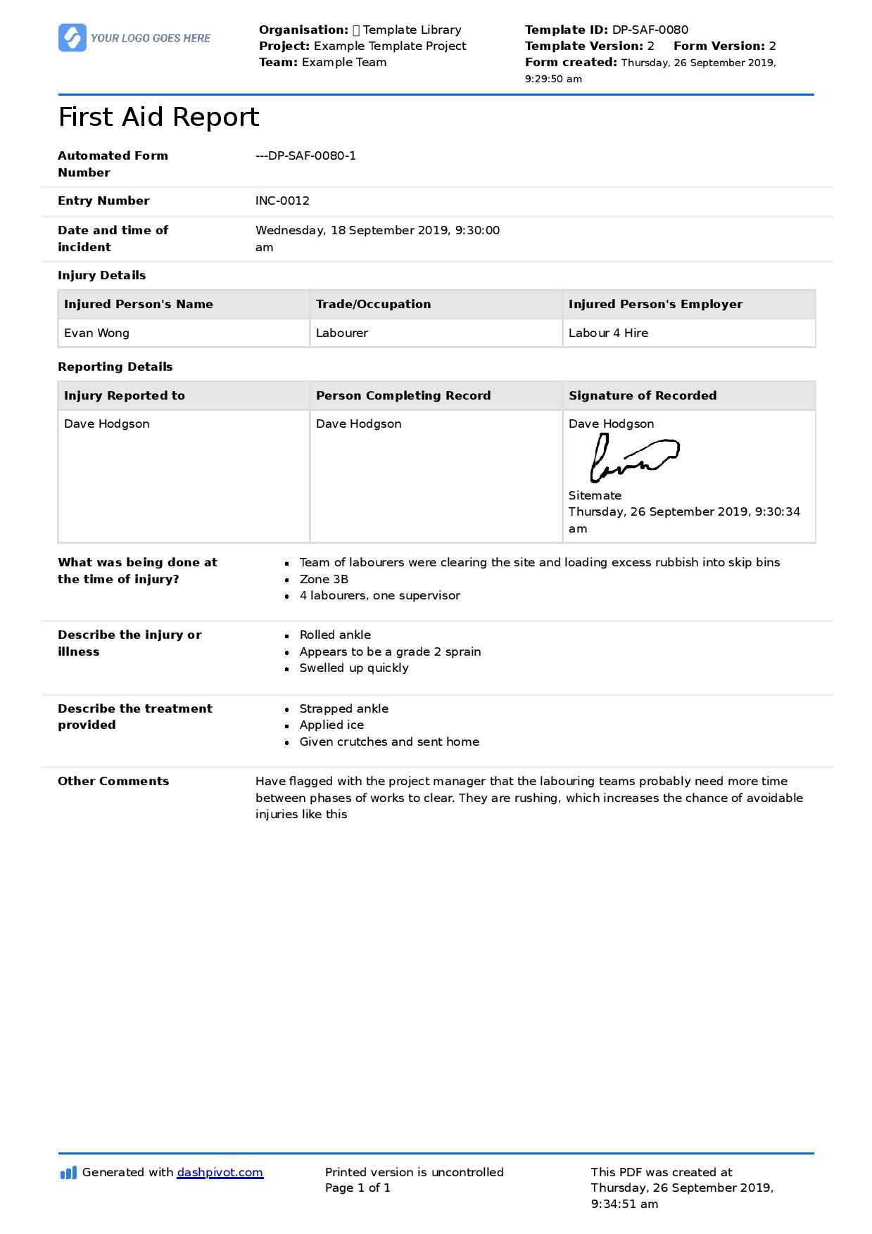 First Aid Report Form Template (Free To Use, Better Than Pdf) With Regard To First Aid Incident Report Form Template