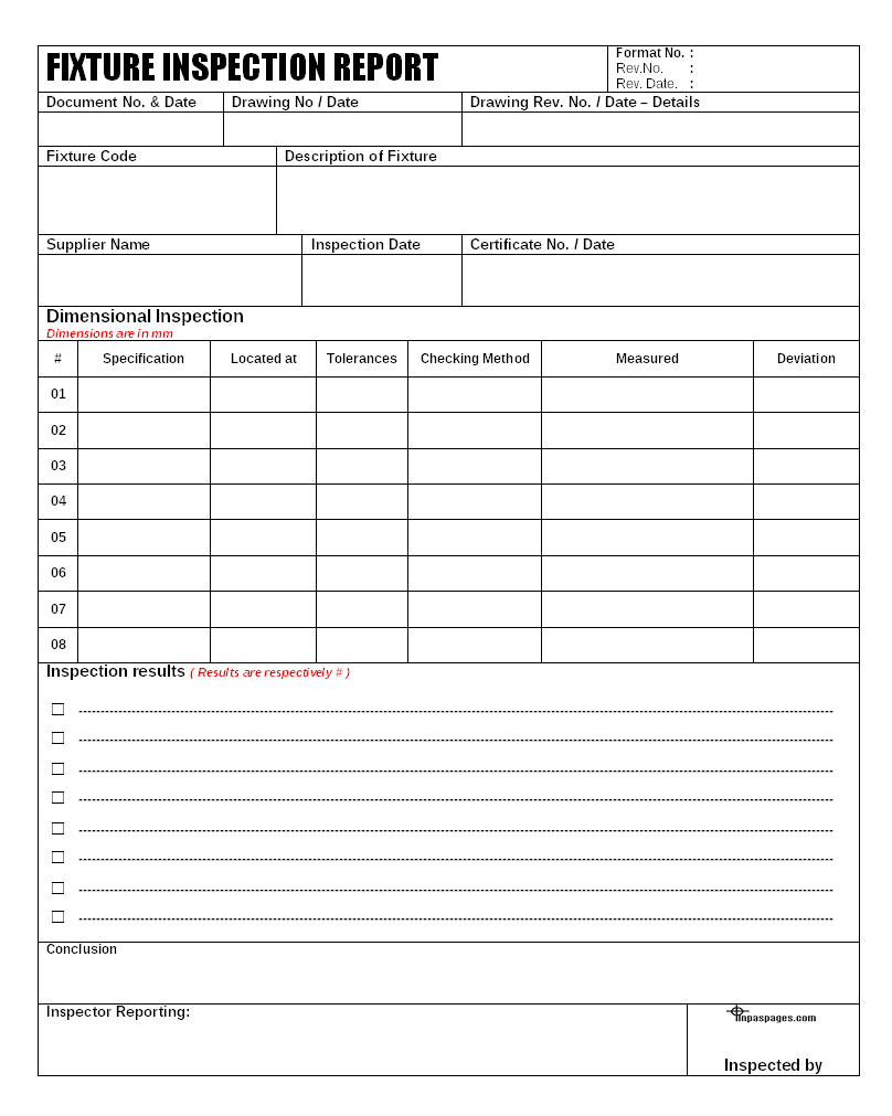 Fixture Inspection Documentation For Engineering – In Part Inspection Report Template