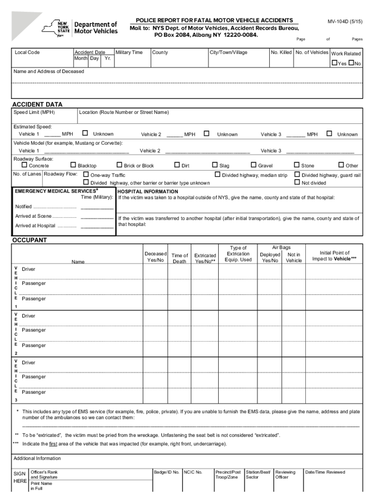 Form Mv 104D – Police Report For Fatal Motor Vehicle For Motor Vehicle Accident Report Form Template