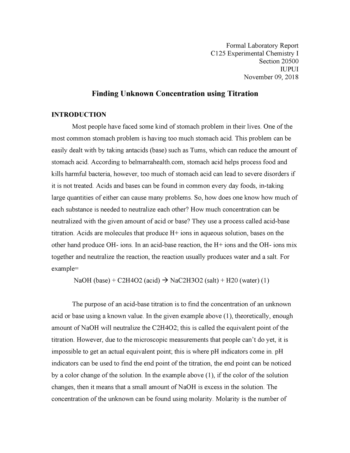 Formal Lab Report Of Vinegar Lab – Chem C125 – Iupui – Studocu Within Formal Lab Report Template