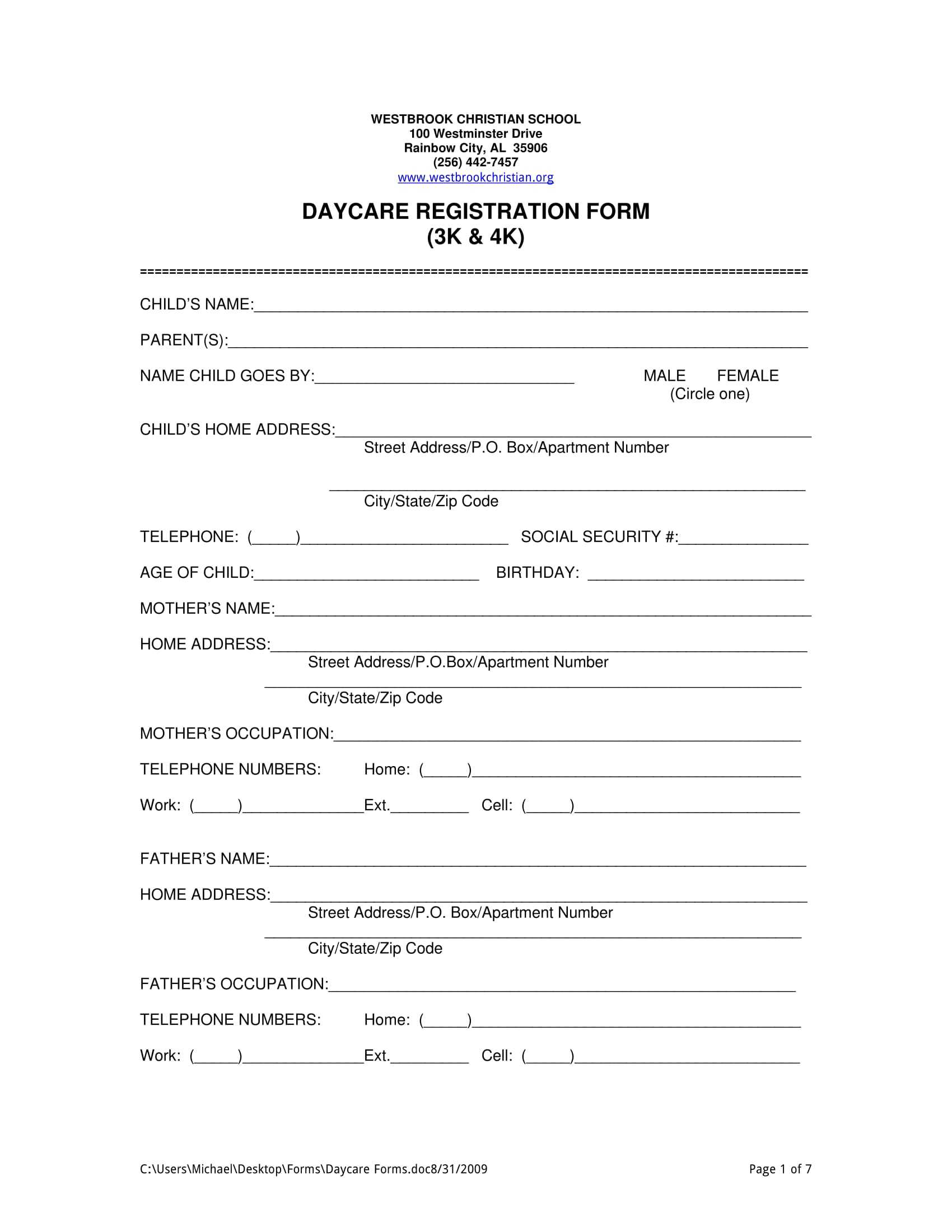 Free 11+ Daycare Registration Forms In Pdf | Ms Word For School Registration Form Template Word