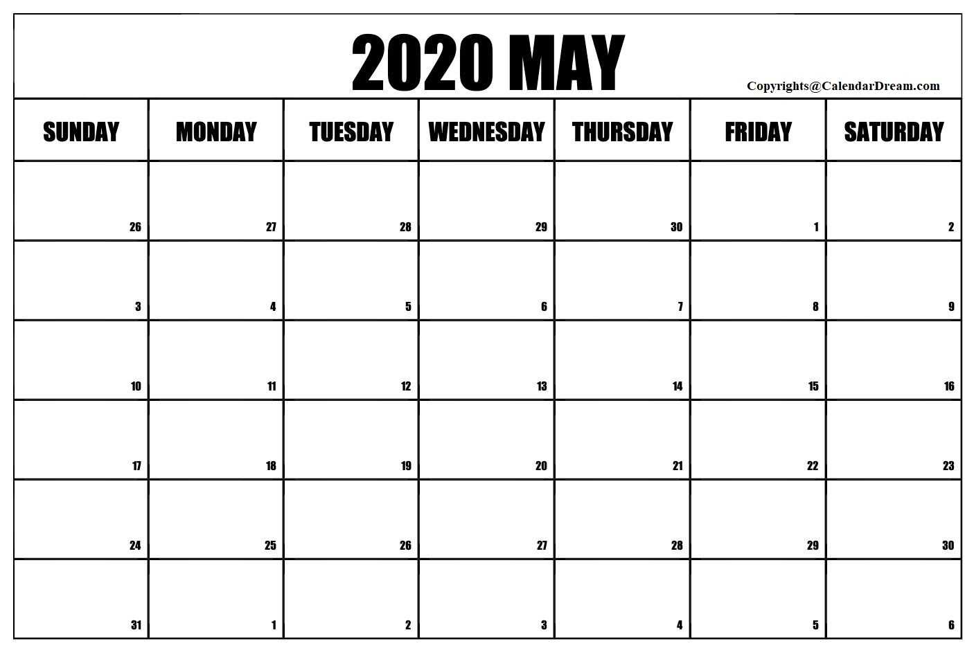 Free Blank May 2020 Printable Calendar Template [Pdf For Blank Calendar Template For Kids