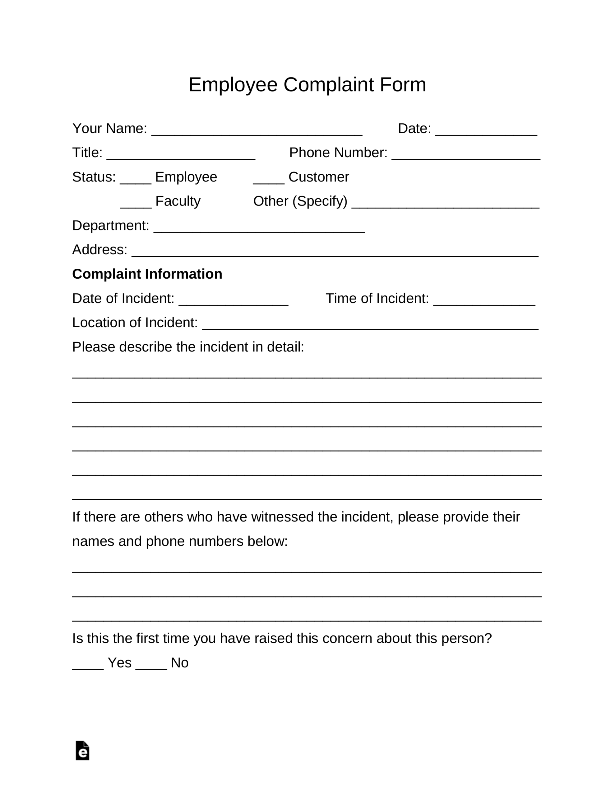 Free Employee Complaint Form – Pdf | Word | Eforms – Free With Regard To Generic Incident Report Template