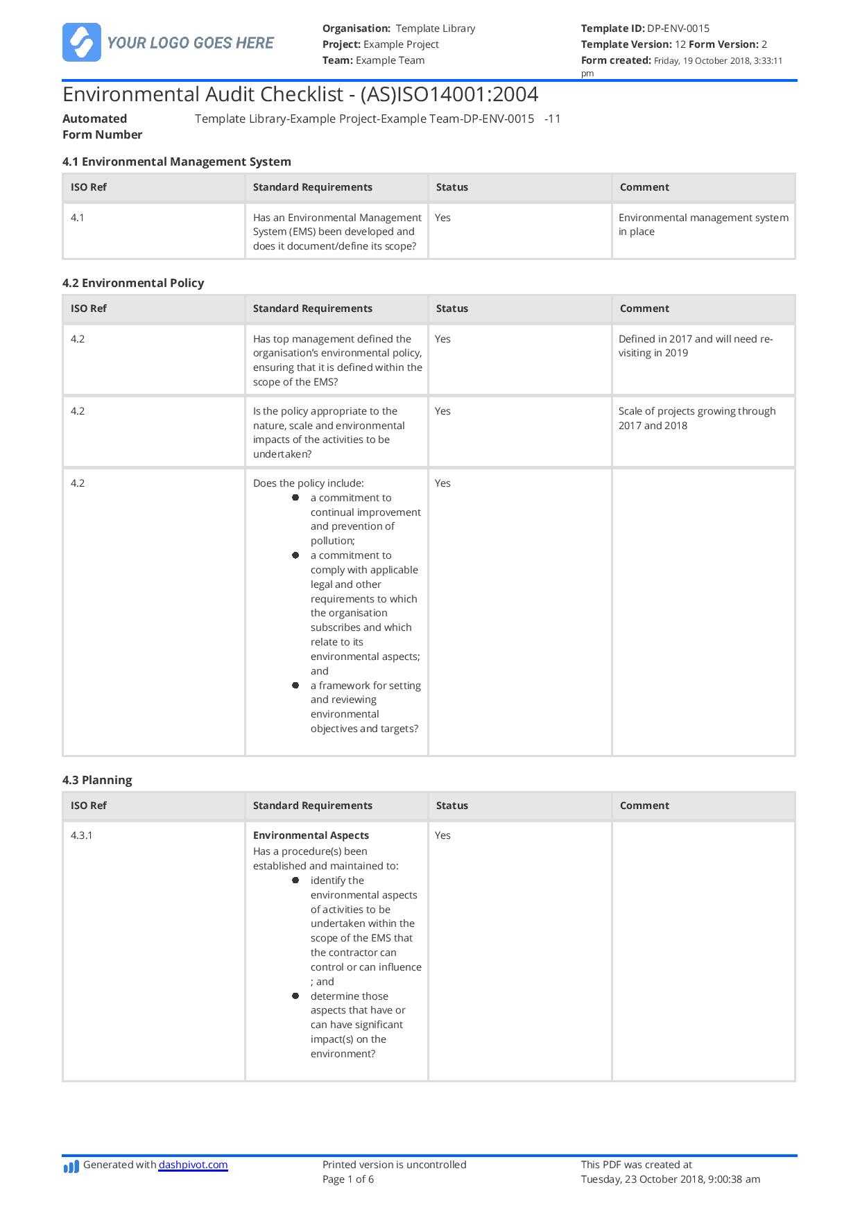 Free Environmental Audit Checklist (Better Than Xls, Excel For Environmental Impact Report Template