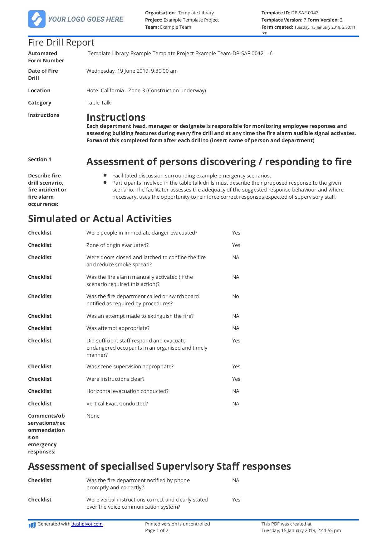 Free Fire Drill Report Template - Use, Customise, Download Within Emergency Drill Report Template
