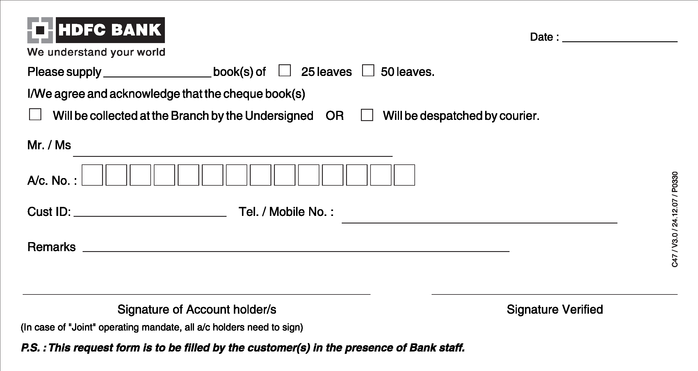 Free Hdfc India Cheque Book Request Form | Pdf Template Inside Check Request Template Word