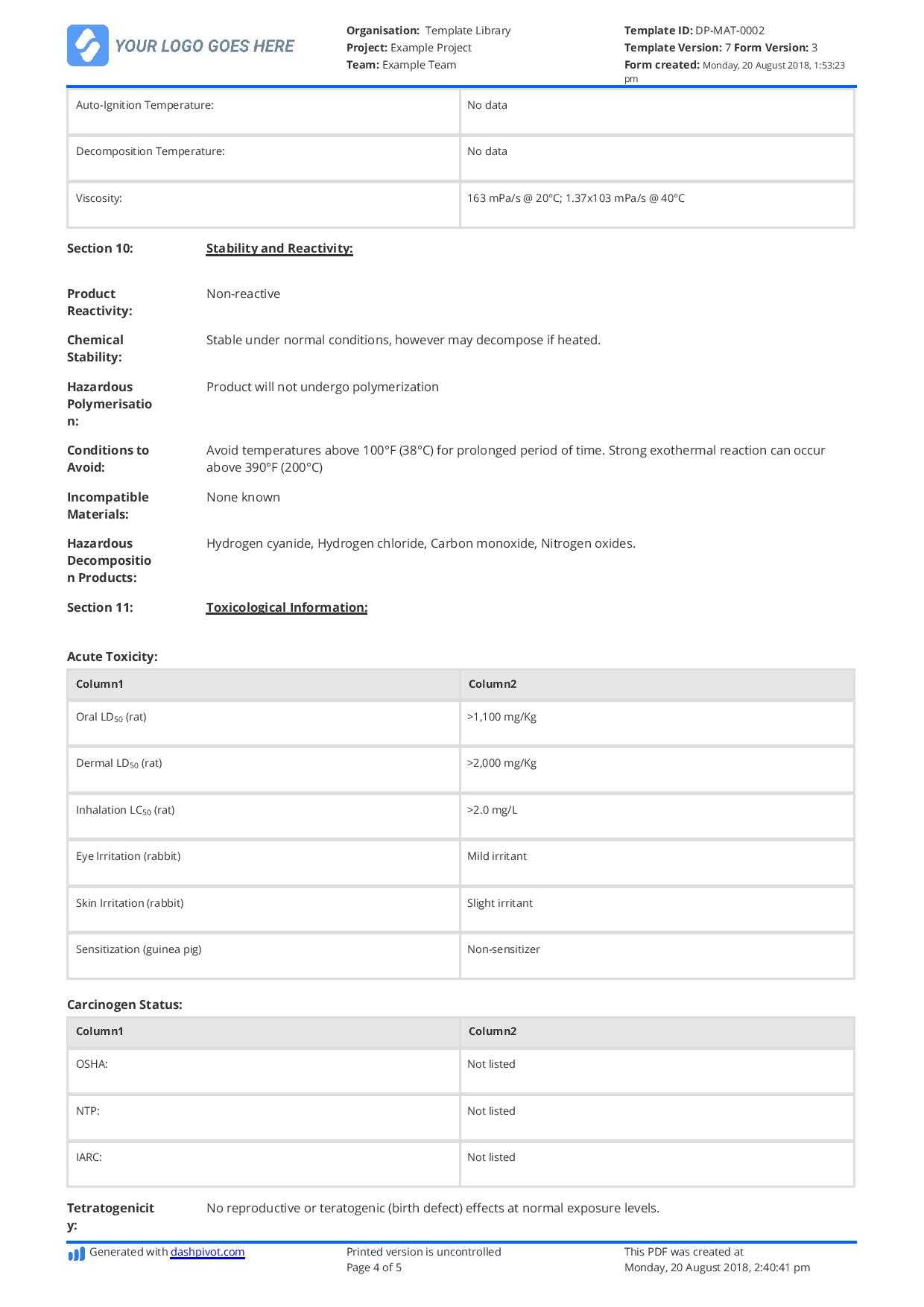Free Material Safety Data Sheet Template (Better Than Word In Datasheet Template Word