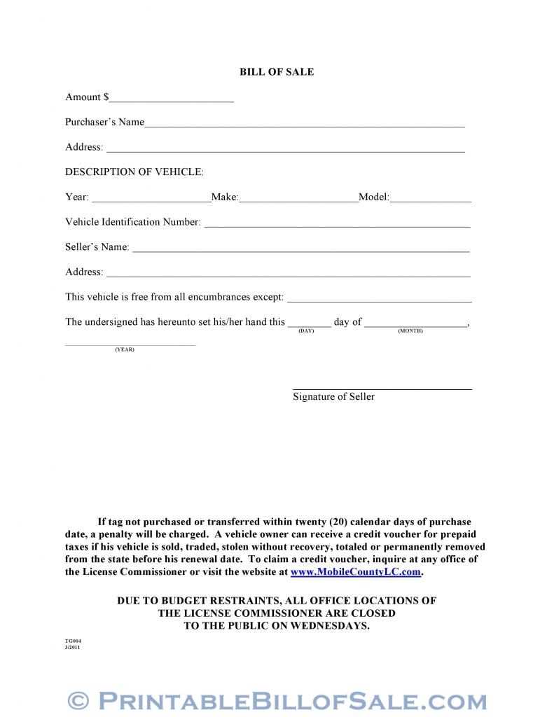 Free Mobile County Alabama Motor Vehicle Bill Of Sale Form Inside Vehicle Bill Of Sale Template Word