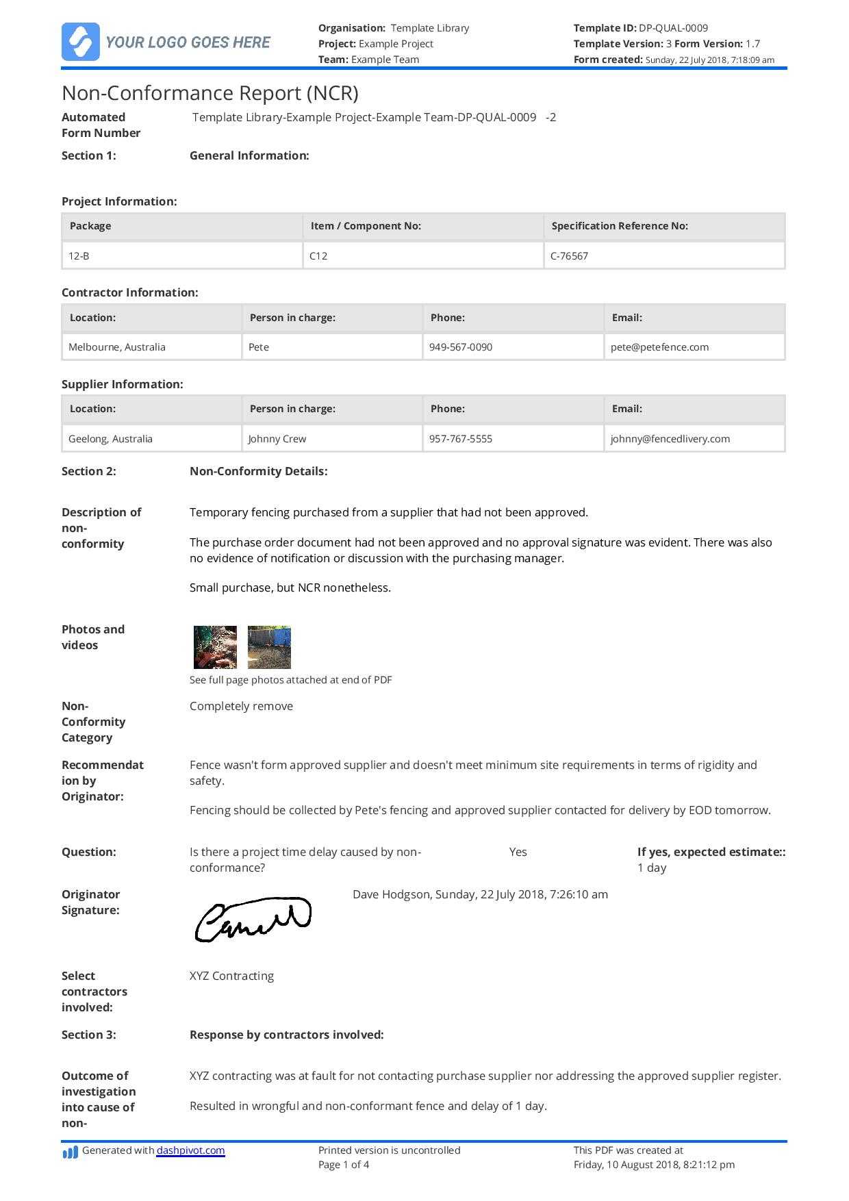 Free Non Conformance Report Template (Better Than Pdf And Pertaining To Non Conformance Report Template