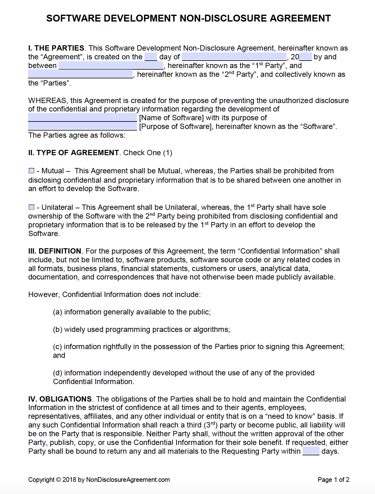 Free Software Development Non Disclosure Agreement (Nda Within Nda Template Word Document