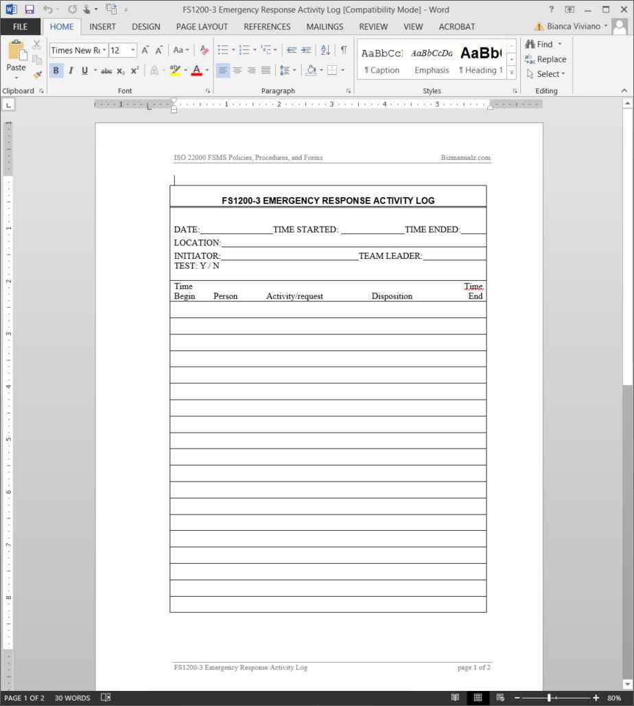 Fsms Emergency Response Activity Log Template | Fds1200 3 In Emergency Drill Report Template