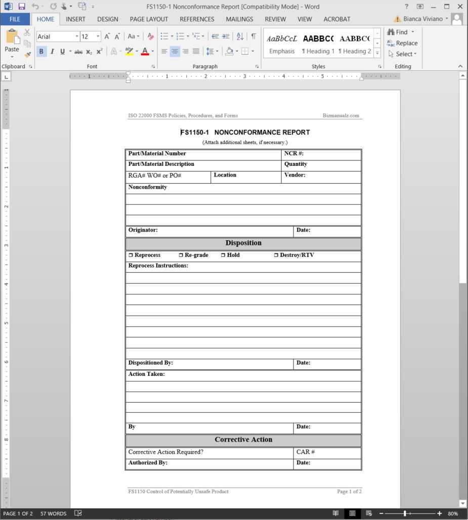 Fsms Nonconformance Report Template | Fds1150 1 Inside Non Conformance Report Template