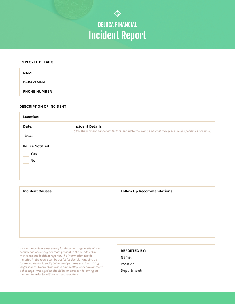 Green Incident Report Template Throughout Template For Information Report