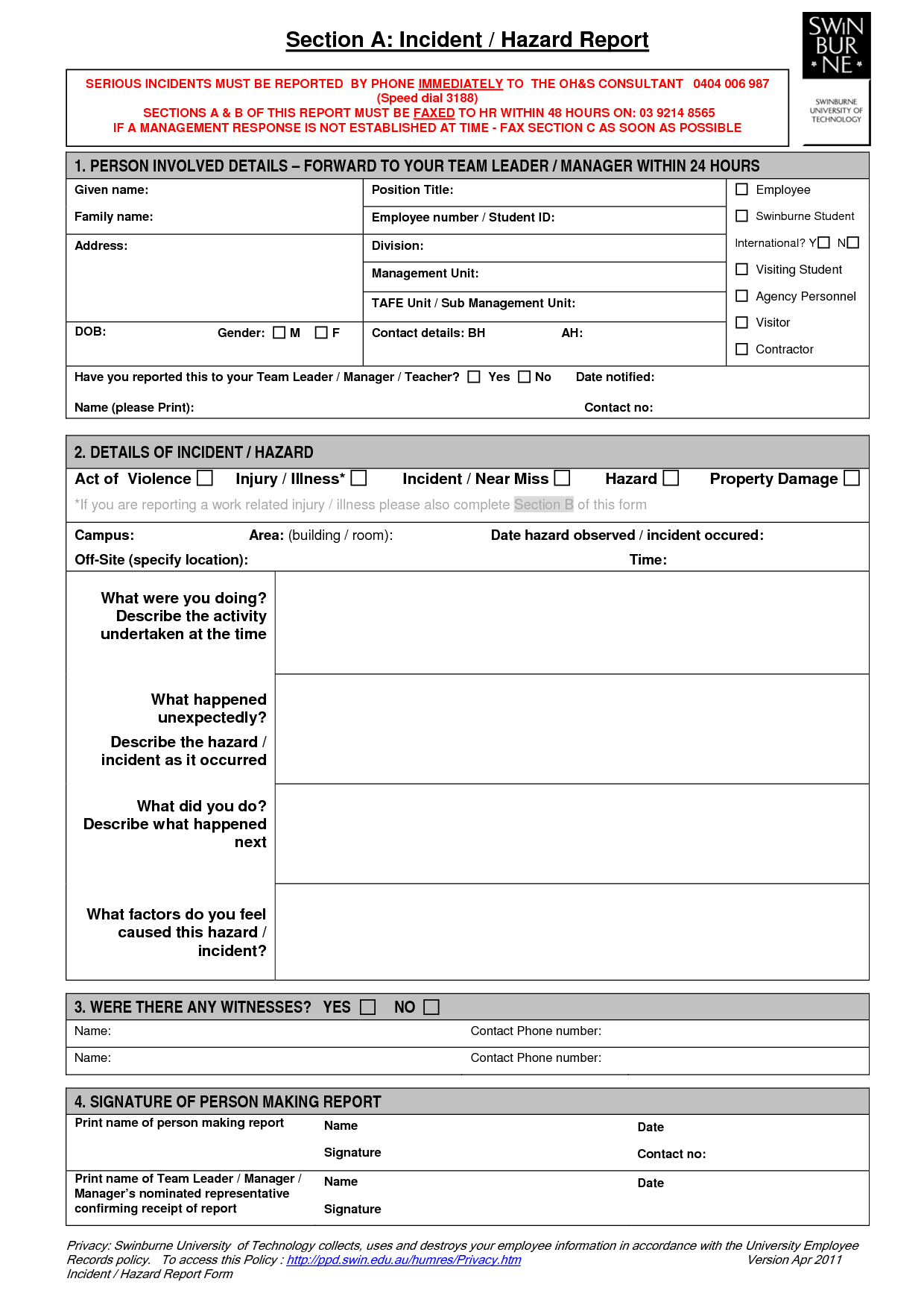 Hazard Incident Report Form Template - Business Template Ideas With Hazard Incident Report Form Template