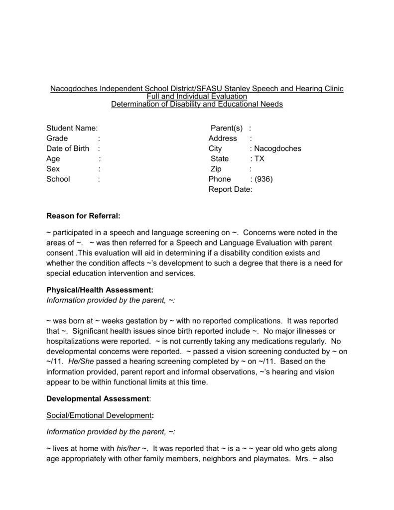 Head Start Evaluation Template With Speech And Language Report Template