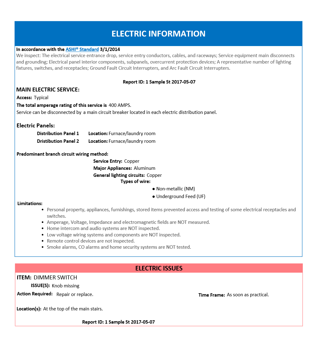 Home Inspection Report – Electric Page – Home Inspection Intended For Equipment Fault Report Template