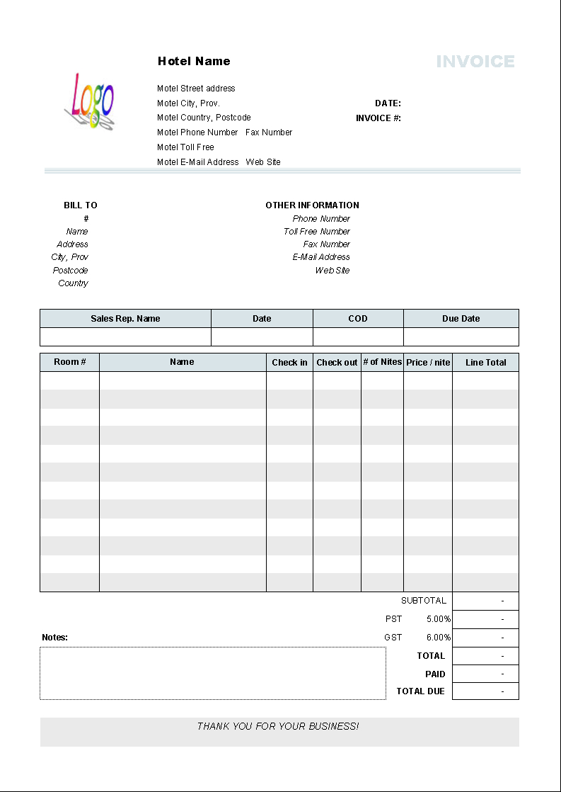 Hotel Invoice Template – Invoice Manager For Excel Intended For Free Printable Invoice Template Microsoft Word