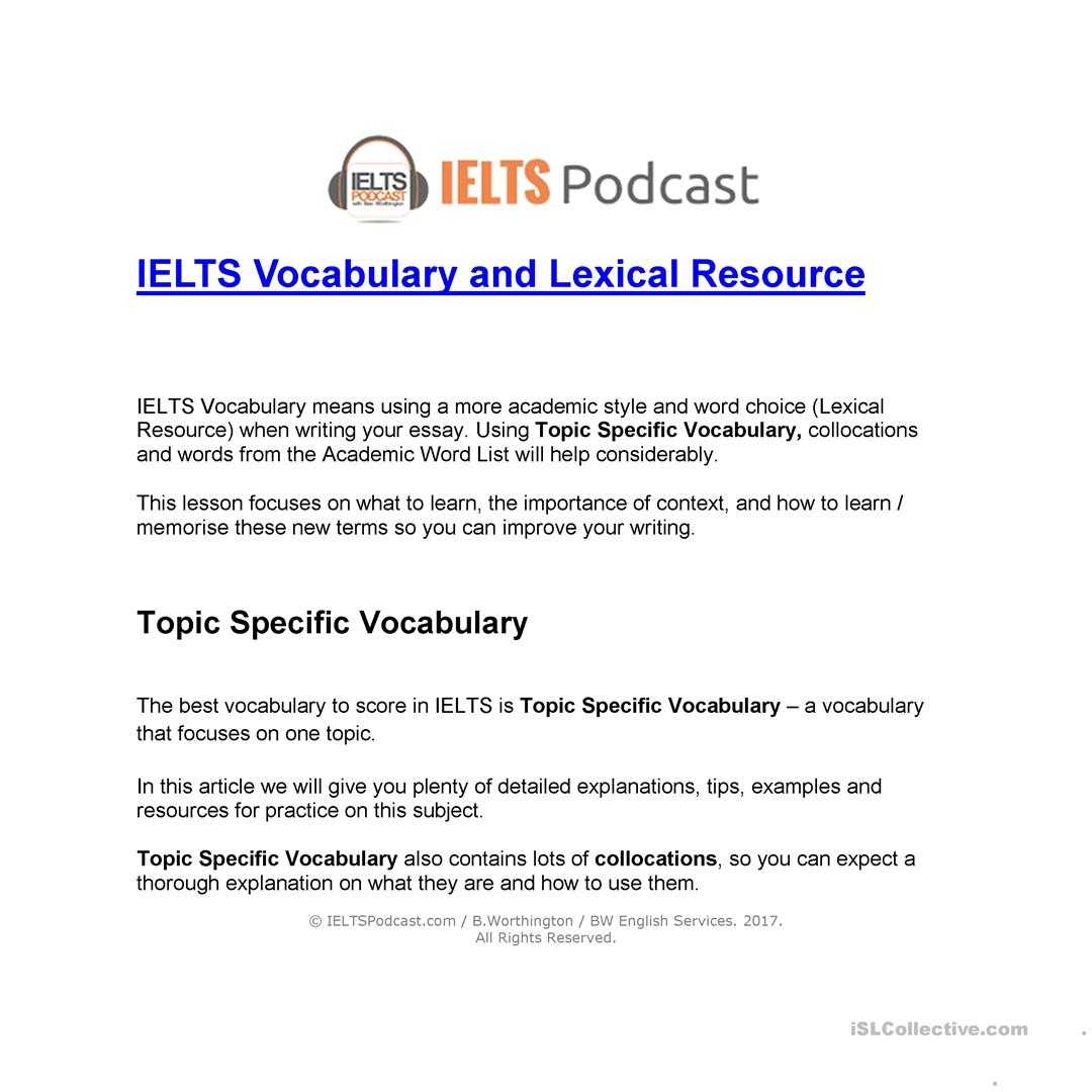 Ielts Vocabulary And Lexical Resource – English Esl In Vocabulary Words Worksheet Template