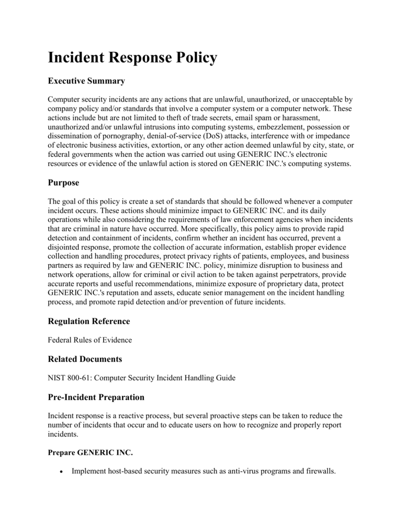 Incident Response Policy Executive Summary Computer Security For Generic Incident Report Template