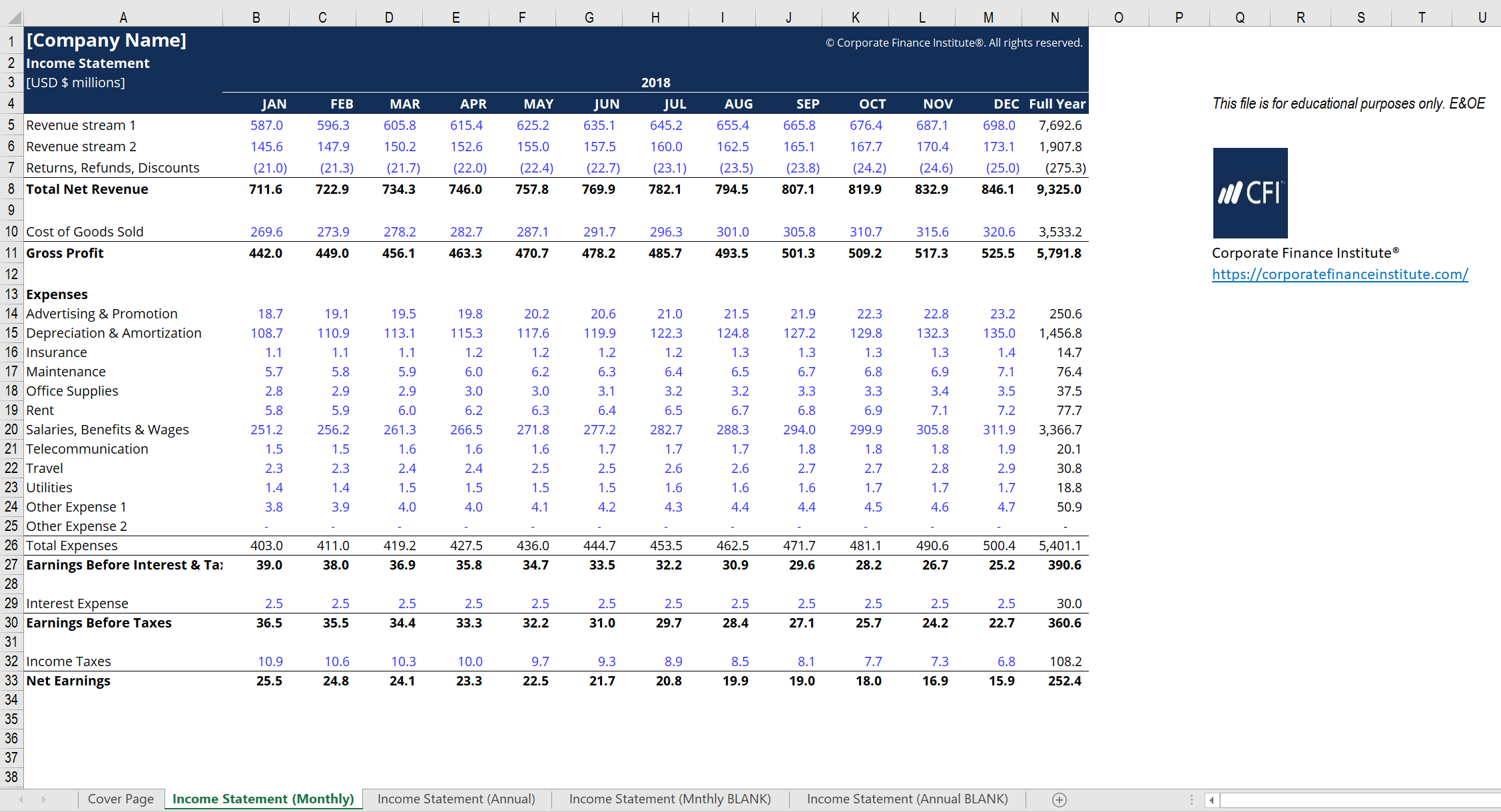 Income Statement Excel Model Template – Cfi Marketplace Within Financial Reporting Templates In Excel