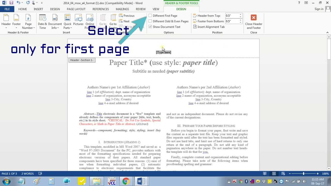 Insert Header Footer In Ms Word For Ieee Camera Ready Manuscript Throughout Ieee Template Word 2007