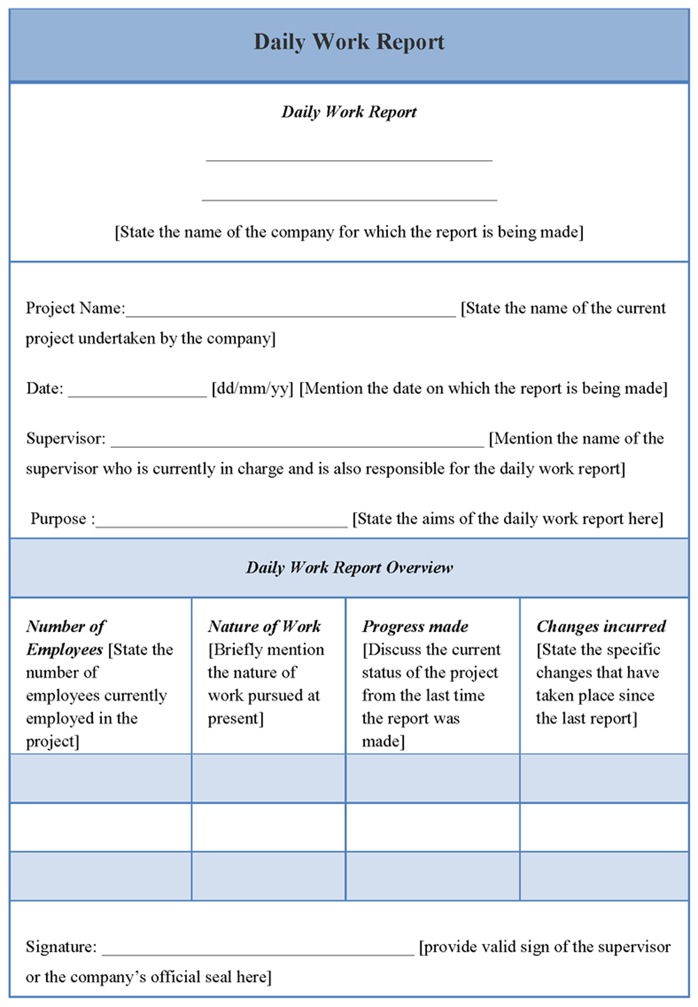 Inspirational Daily Work Report Template With Blue Table Within Daily Work Report Template