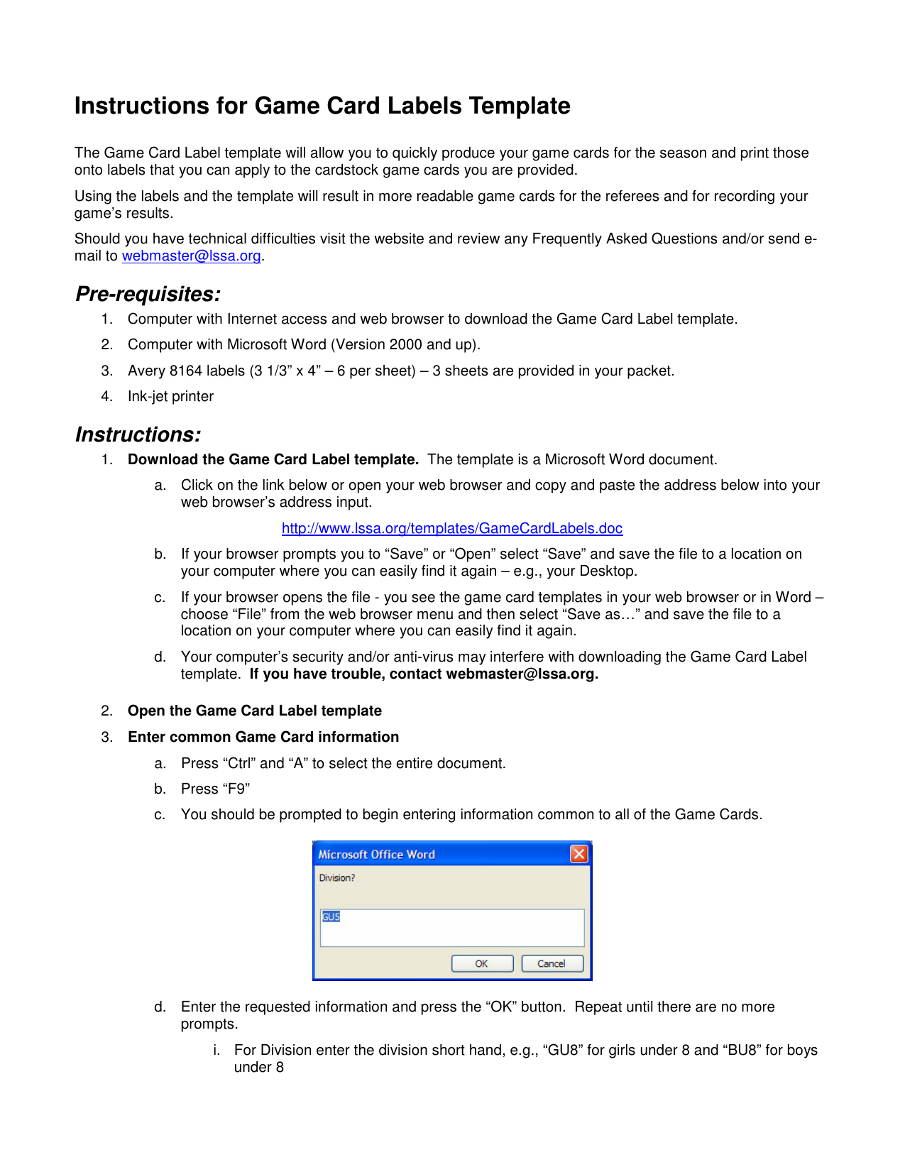 Instructions For Game Card Labels Template | Manualzz Throughout 8 Labels Per Sheet Template Word