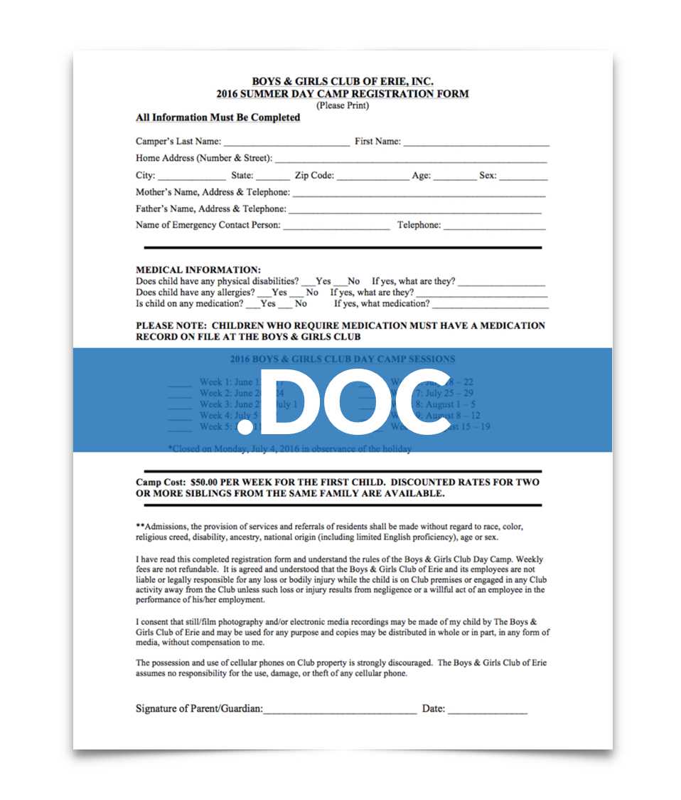 Join The Club — Boys & Girls Club Of Erie Throughout Camp Registration Form Template Word