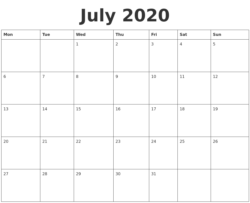 July 2020 Blank Calendar Template In Blank Calander Template