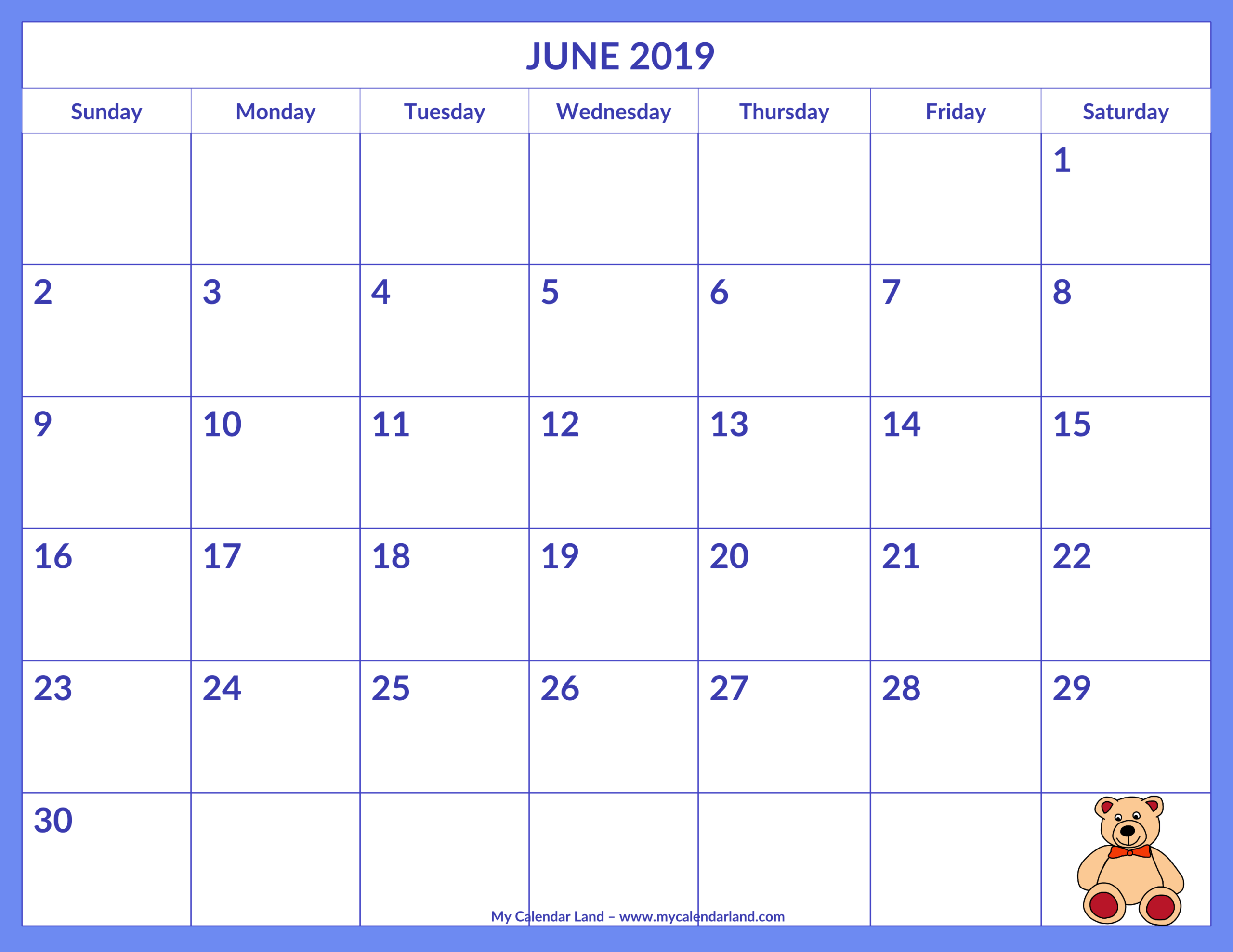 June 2019 Calendar – My Calendar Land Within Blank Calendar Template For Kids