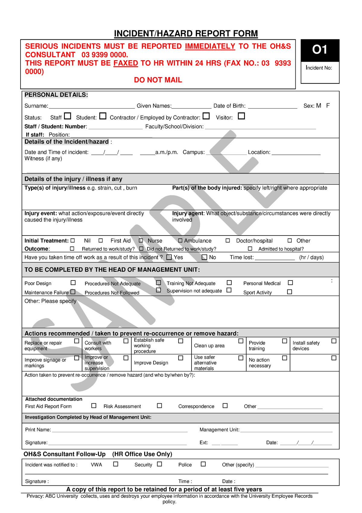 Lecture Notes, Lecture 2 Supplement Notes, Incident Report Inside Incident Hazard Report Form Template