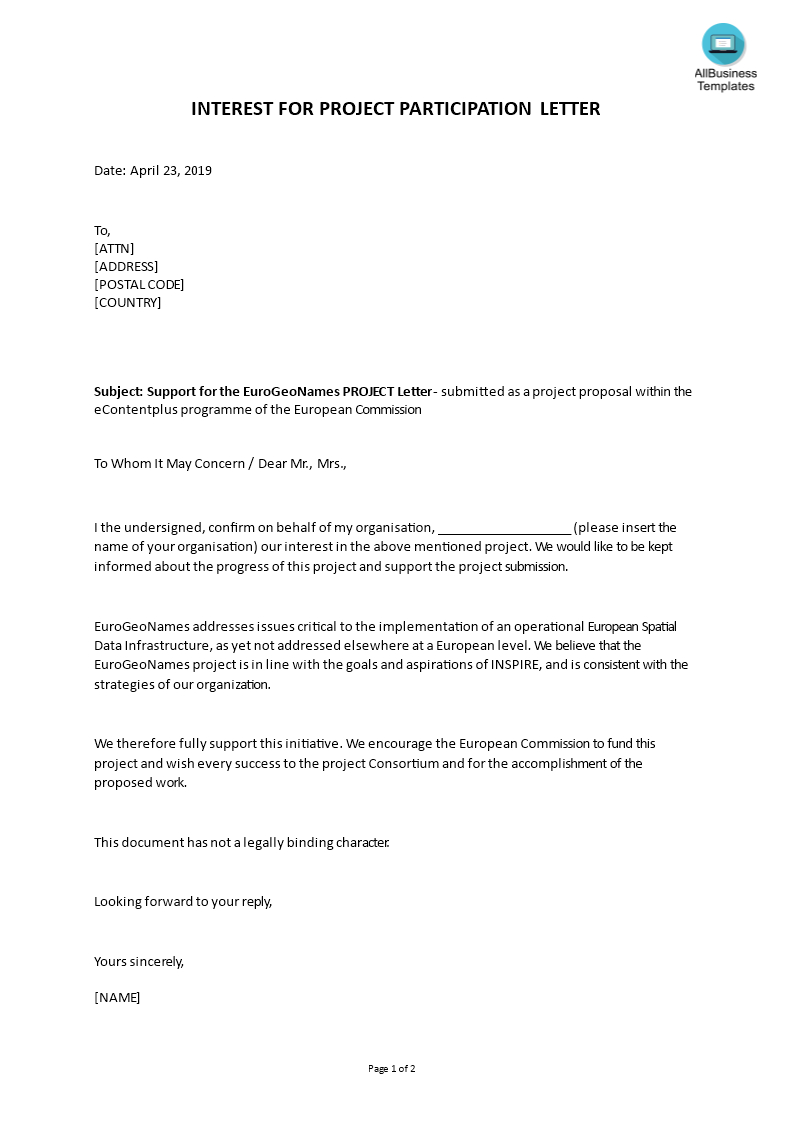 Letter Of Interest For Project Participation Sample | Templates In Letter Of Interest Template Microsoft Word