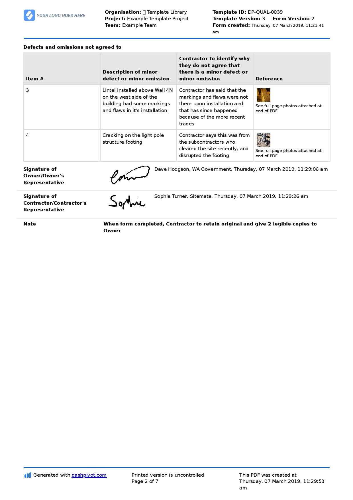 Letter To Contractor For Defective Work: Sample Letter And In Construction Deficiency Report Template