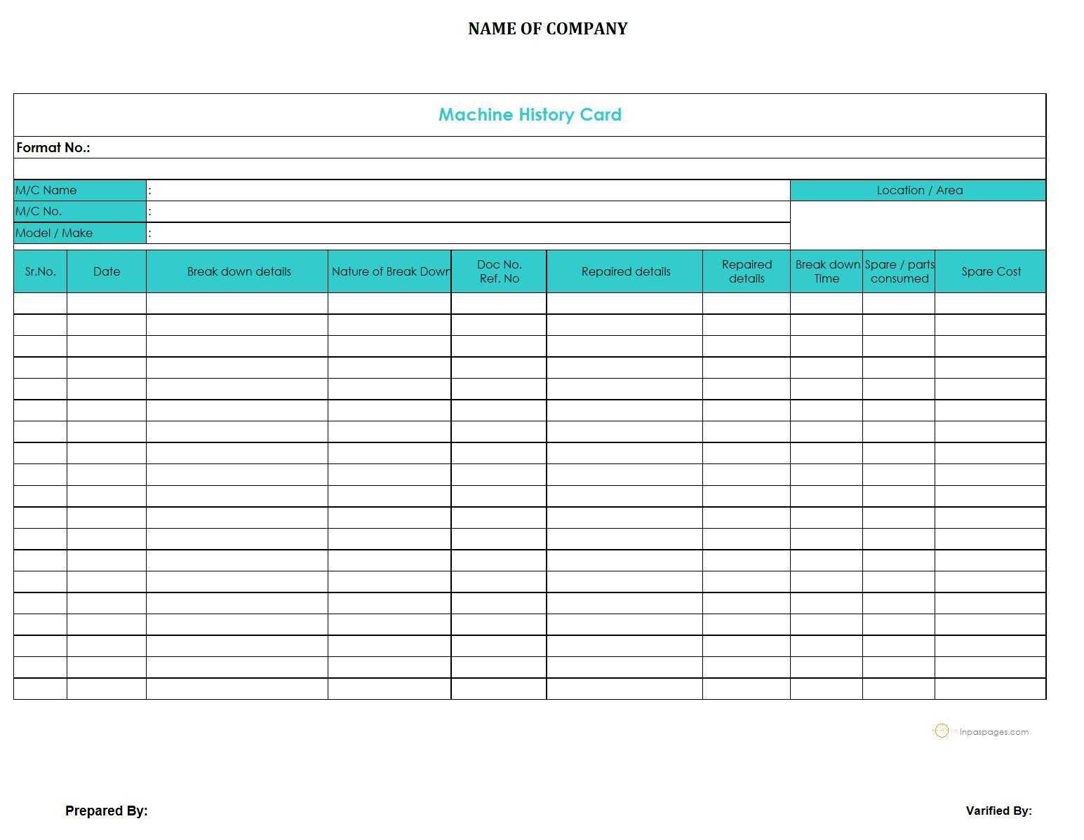 Machine History Card – Inside Machine Breakdown Report Template