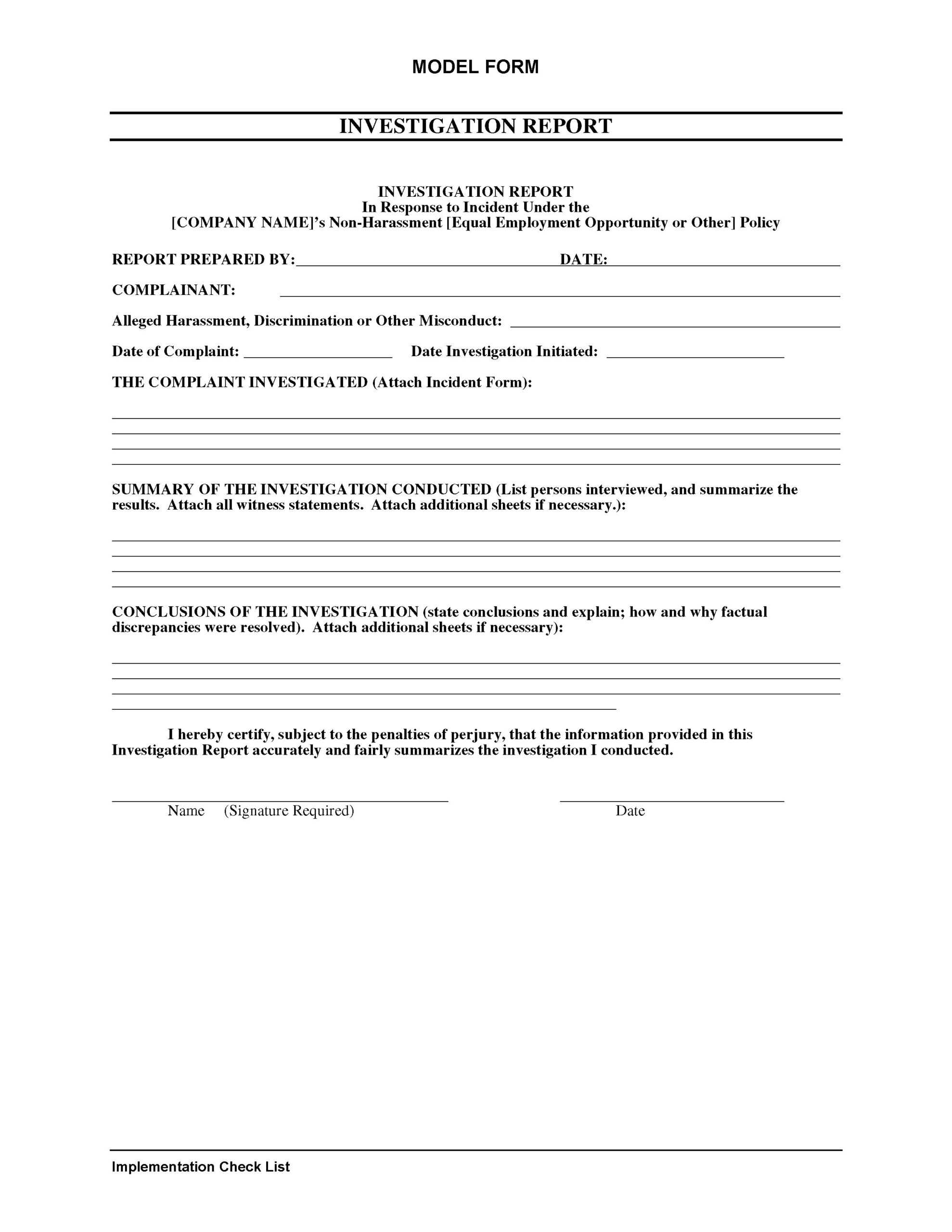 Model Form: Investigation Report (Non Harassment Within Sexual Harassment Investigation Report Template