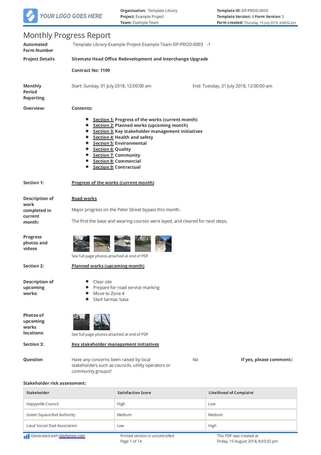 Monthly Construction Progress Report Template: Use This Intended For Monthly Status Report Template