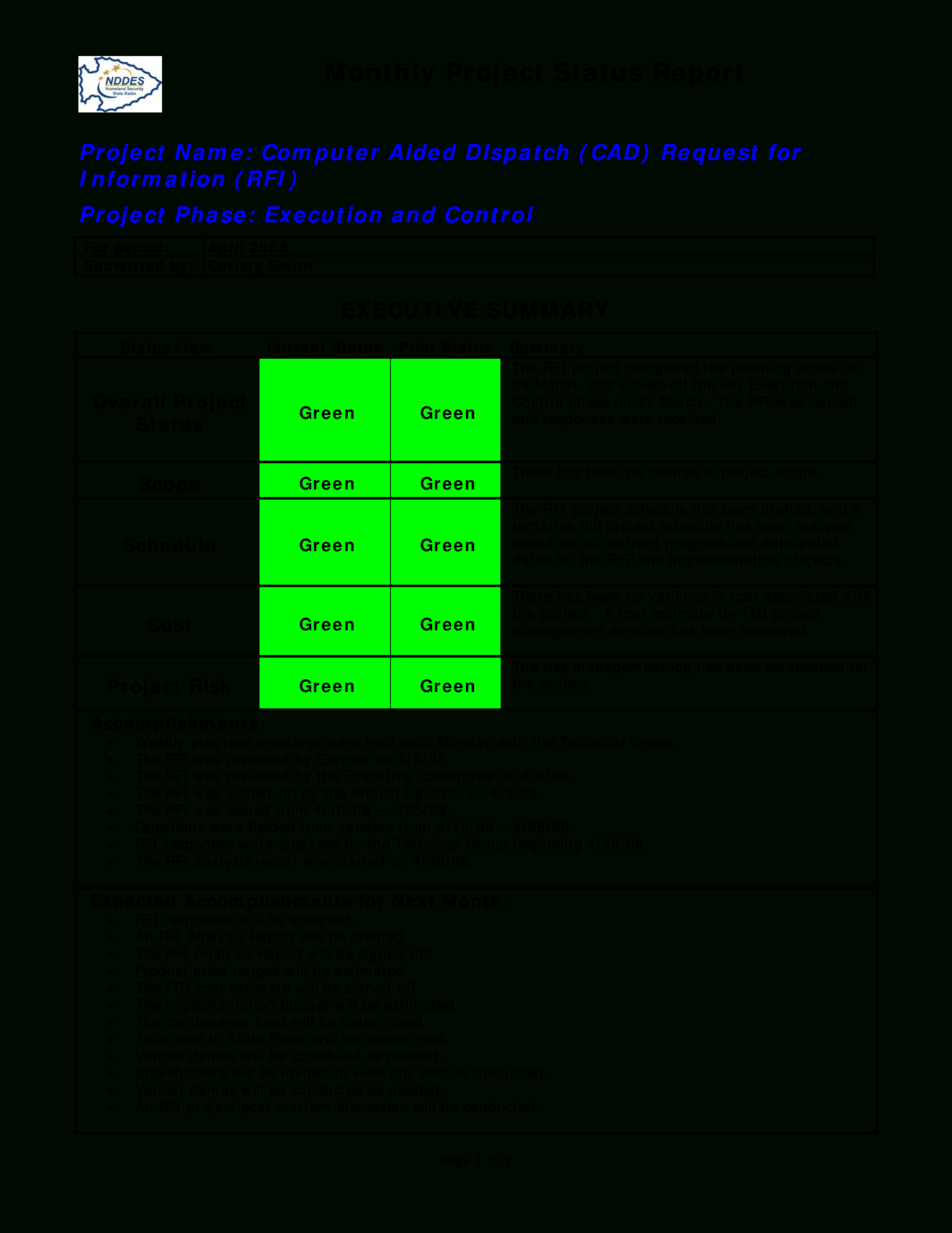 Monthly Project Progress Report Template – Calep.midnightpig.co In Monthly Status Report Template