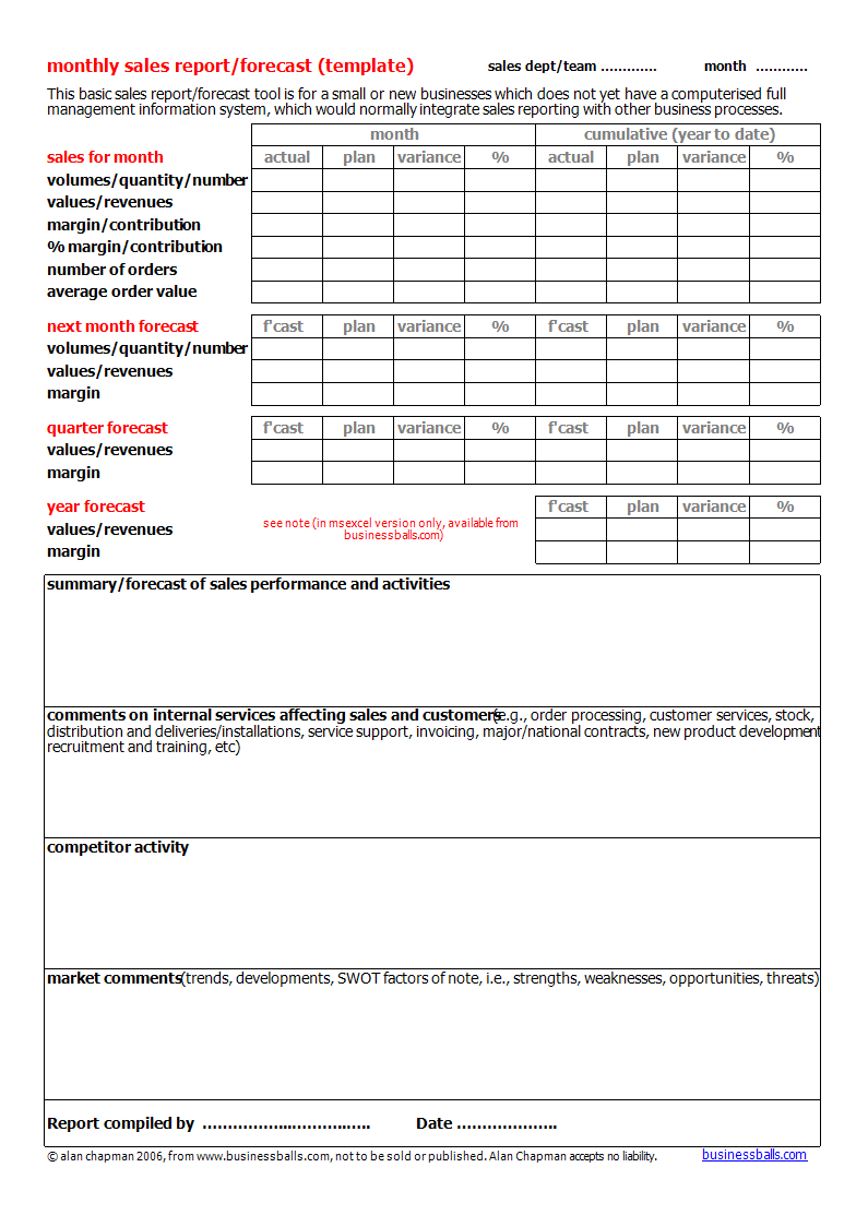 Monthly Sales Forecast Report Template | Templates At Intended For Sales Team Report Template