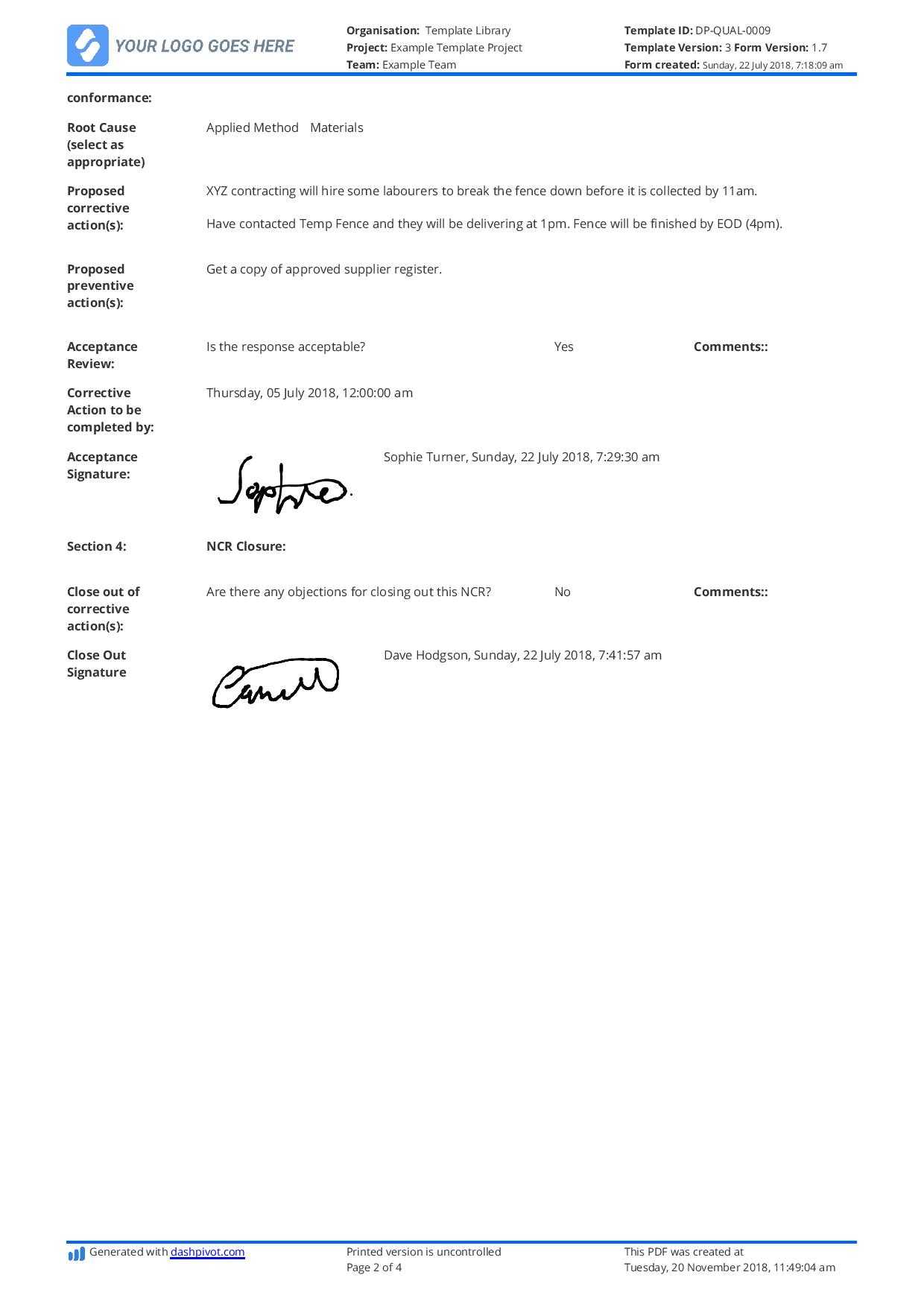 Non Conformance Report Example: Here's What Your Ncr Should For Non Conformance Report Form Template