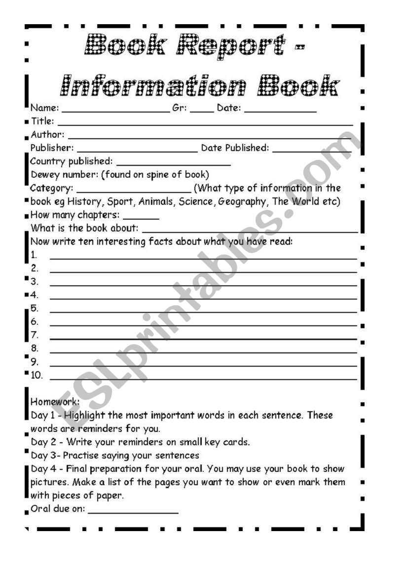 Non Fiction Book Report And Oral Presentation - Esl In Nonfiction Book Report Template