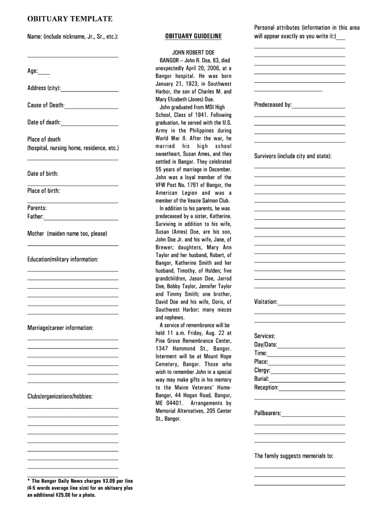Obituary Template - Fill Online, Printable, Fillable, Blank Within Fill In The Blank Obituary Template