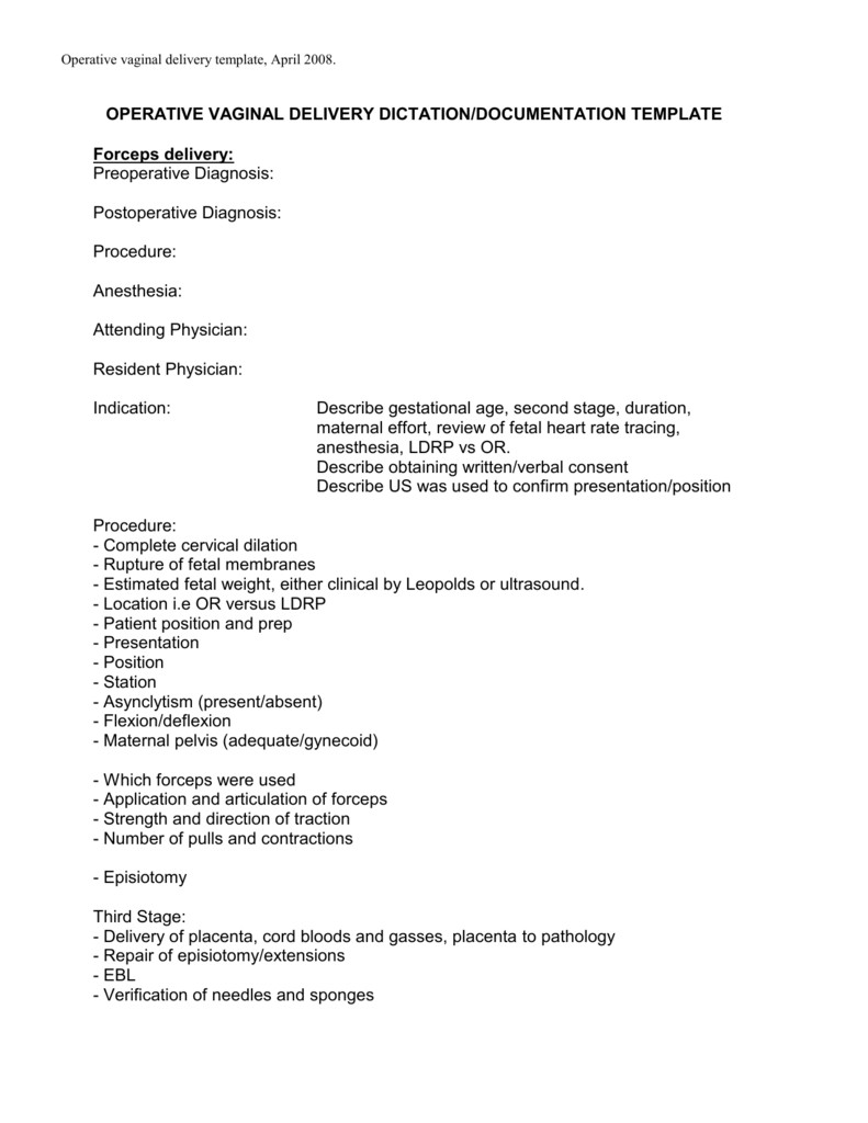 Operative Vaginal Delivery Template Intended For Operative Report Template