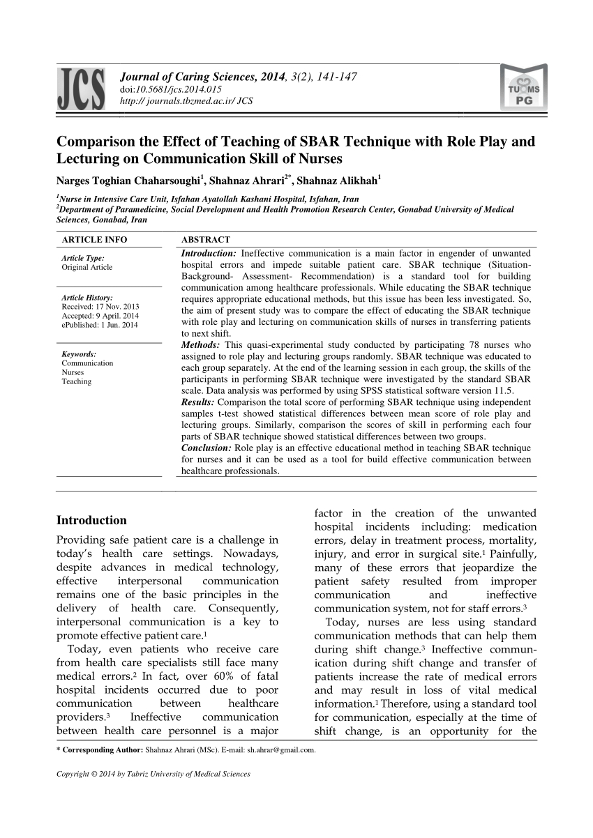 Pdf) Comparison The Effect Of Teaching Of Sbar Technique Within Sbar Template Word