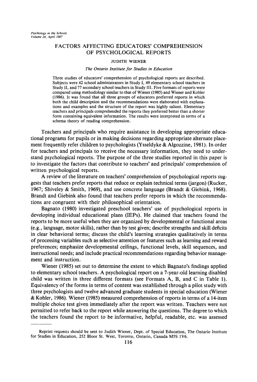 Pdf) Factors Affecting Educators' Comprehension Of Inside Psychoeducational Report Template