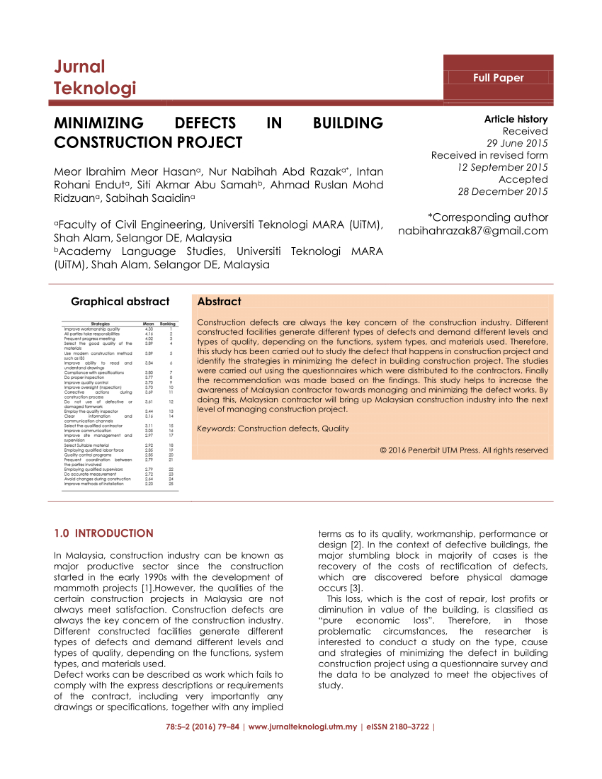 Pdf) Minimizing Defects In Building Construction Project Inside Construction Deficiency Report Template