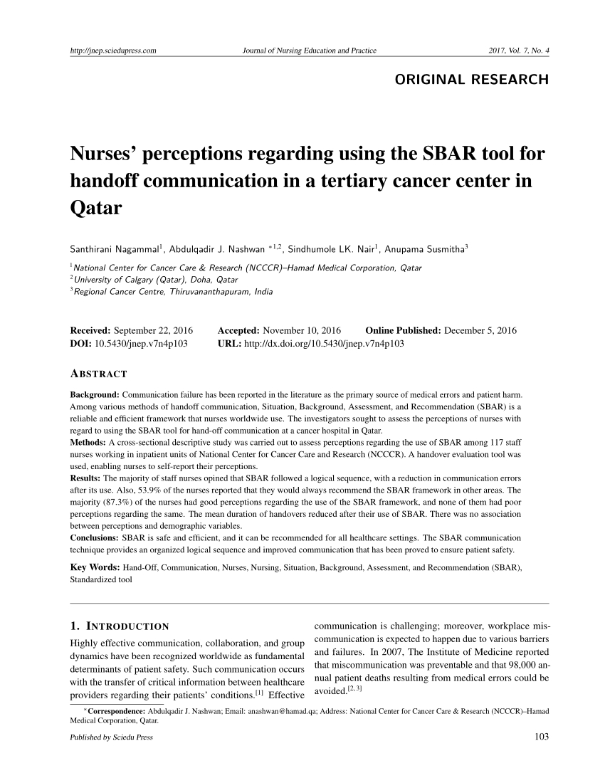 Pdf) Nurses' Perceptions Regarding Using The Sbar Tool For Within Sbar Template Word